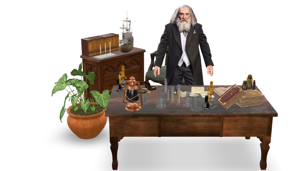 Dmitri Mendeleev at a laboratory table with flasks, a microscope and books — a 3D scene